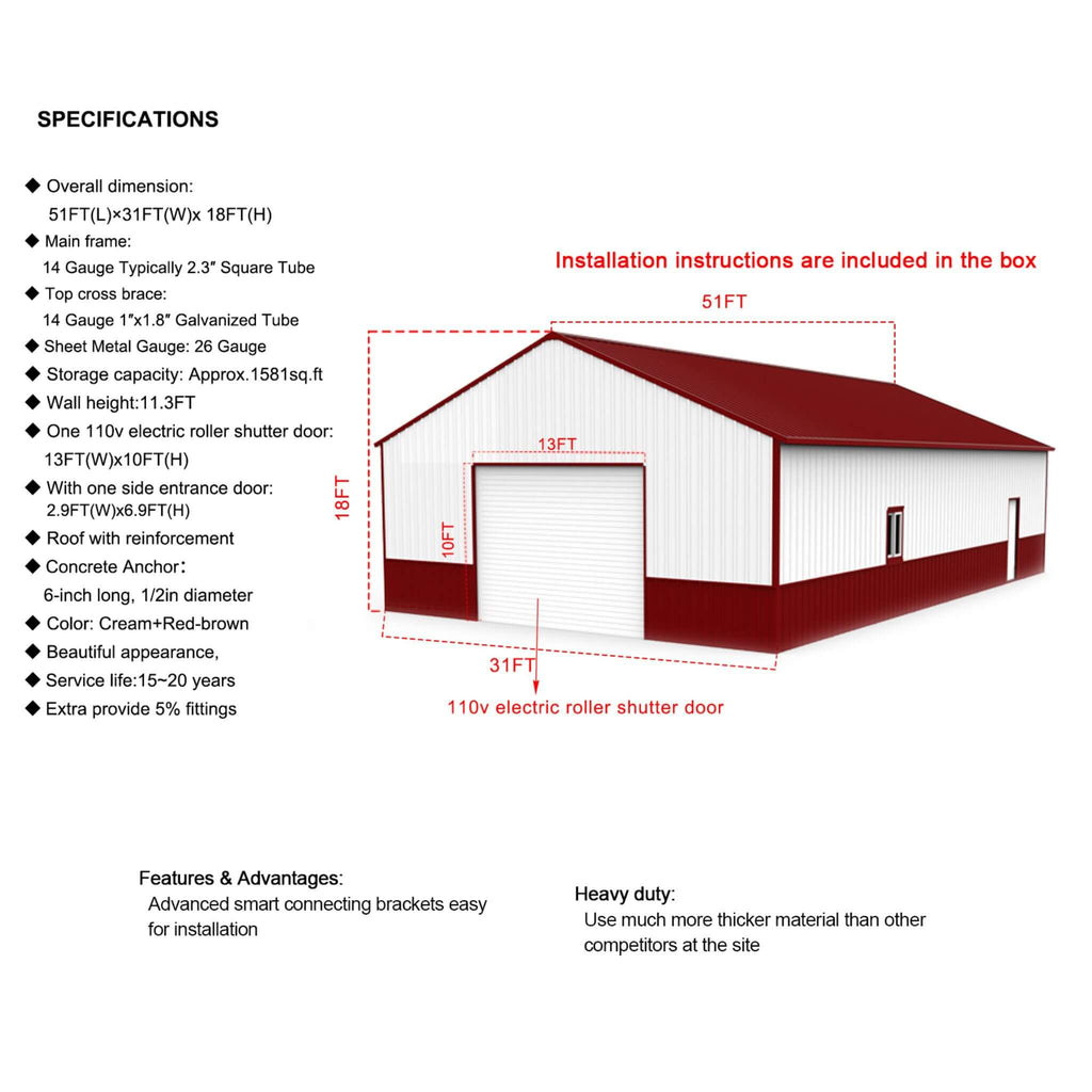 [31X51FT] Alora Heavy-Duty Outdoor Steel Garage Barn Storage Shed (SAK83146)