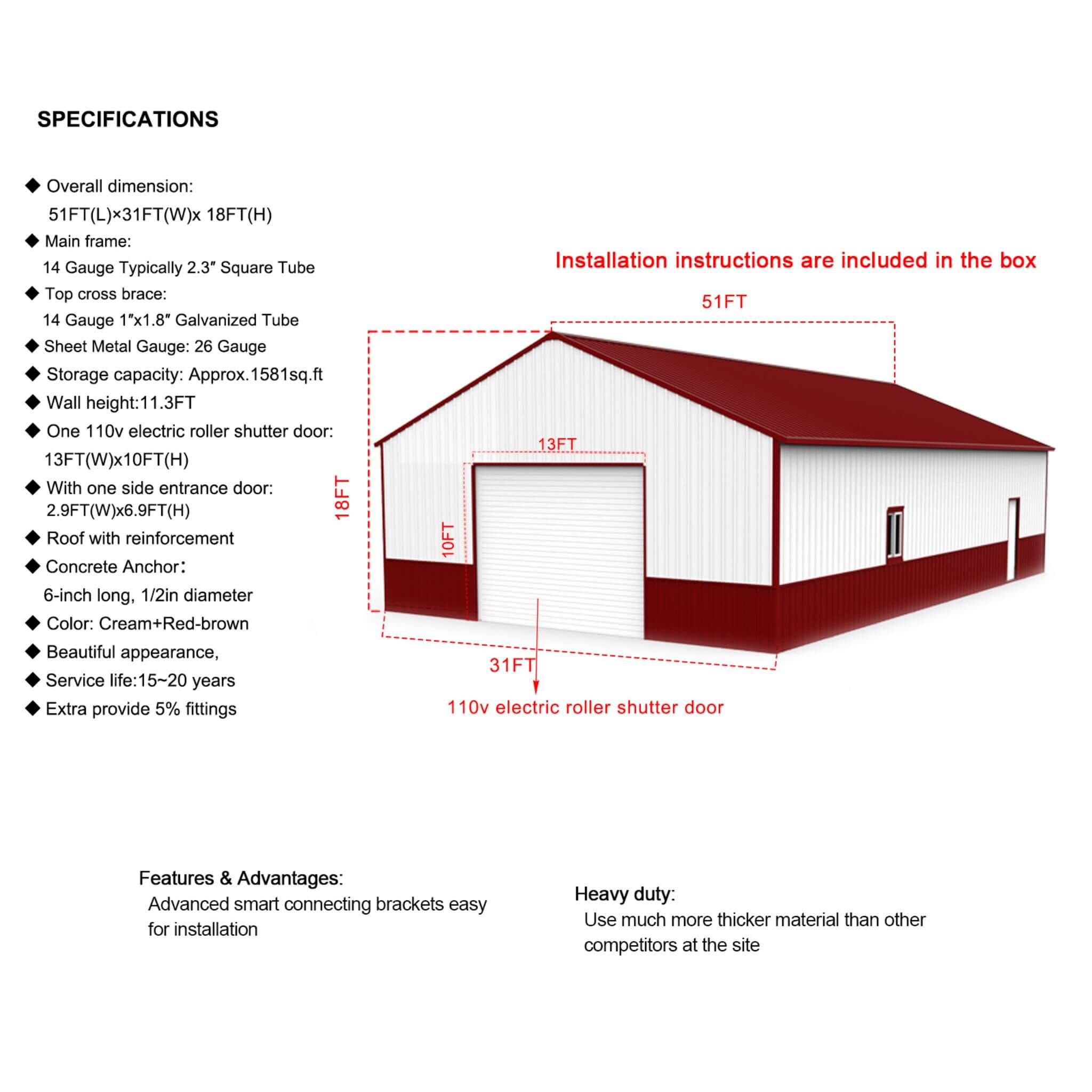 [31X51FT] Alora Heavy-Duty Outdoor Steel Garage Barn Storage Shed (SAK83146)