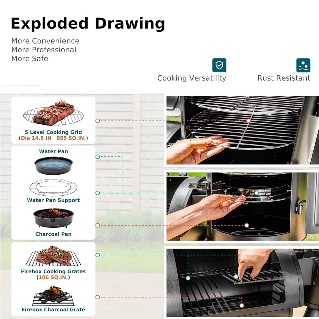 Heavy-Duty Vertical Extra-Large Charcoal Offset BBQ Smoker Grill Combo (SAK80247)