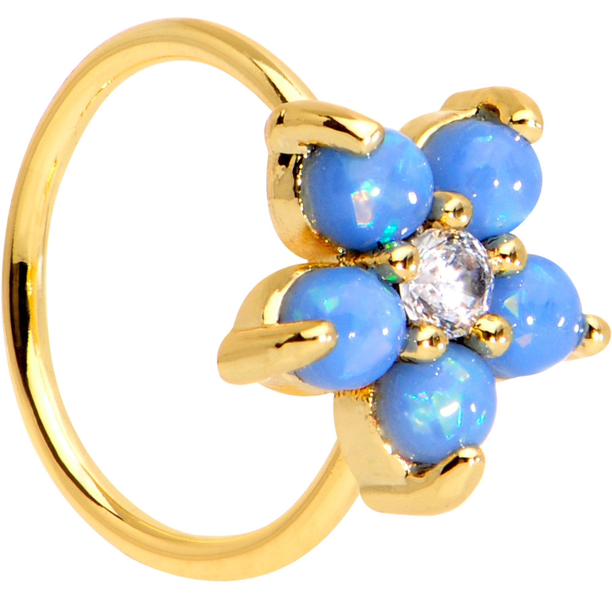 20G Clear CZ Light Blue Faux Opal Gold Tone Flower Circular Ring