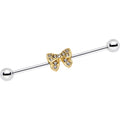 14G Clear Gem Gold Tone Knotted Bow Industrial Barbell 35mm