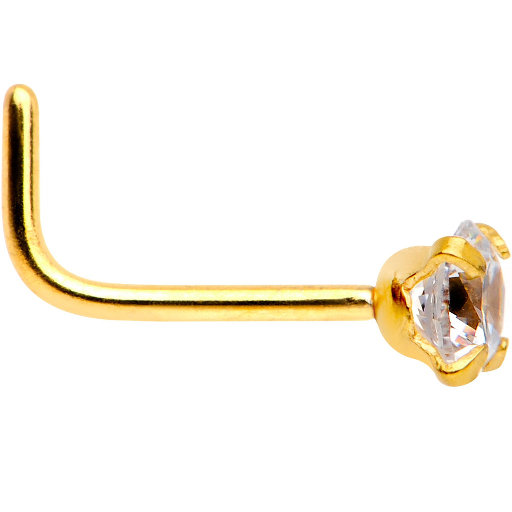 20G 1/4 Clear 3mm CZ Gem Gold IP L-Shape Nose Ring