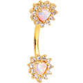 White Synthetic Opal Clear CZ Gem Twin Hearts Double Mount Belly Ring