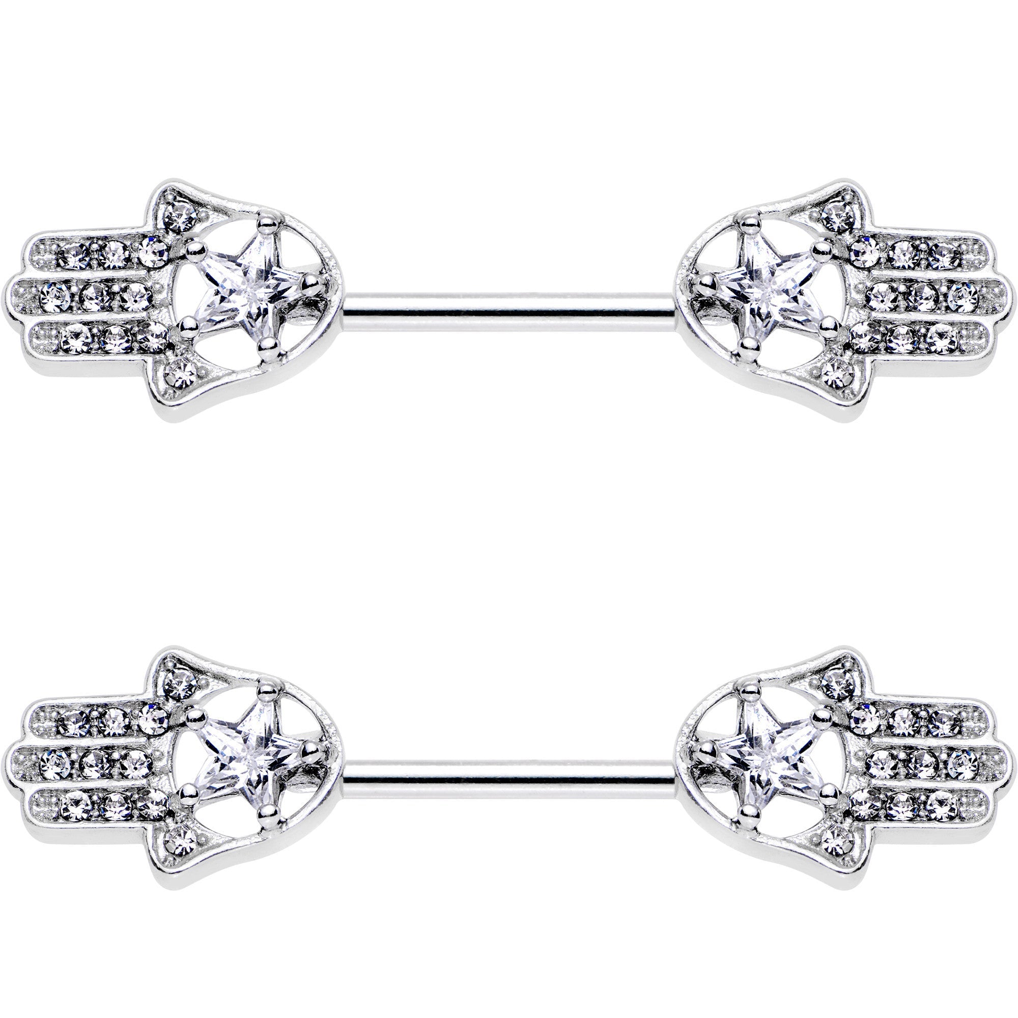 14G 9/16 Clear Gem Star Hamsa Hand Barbell Nipple Ring Set