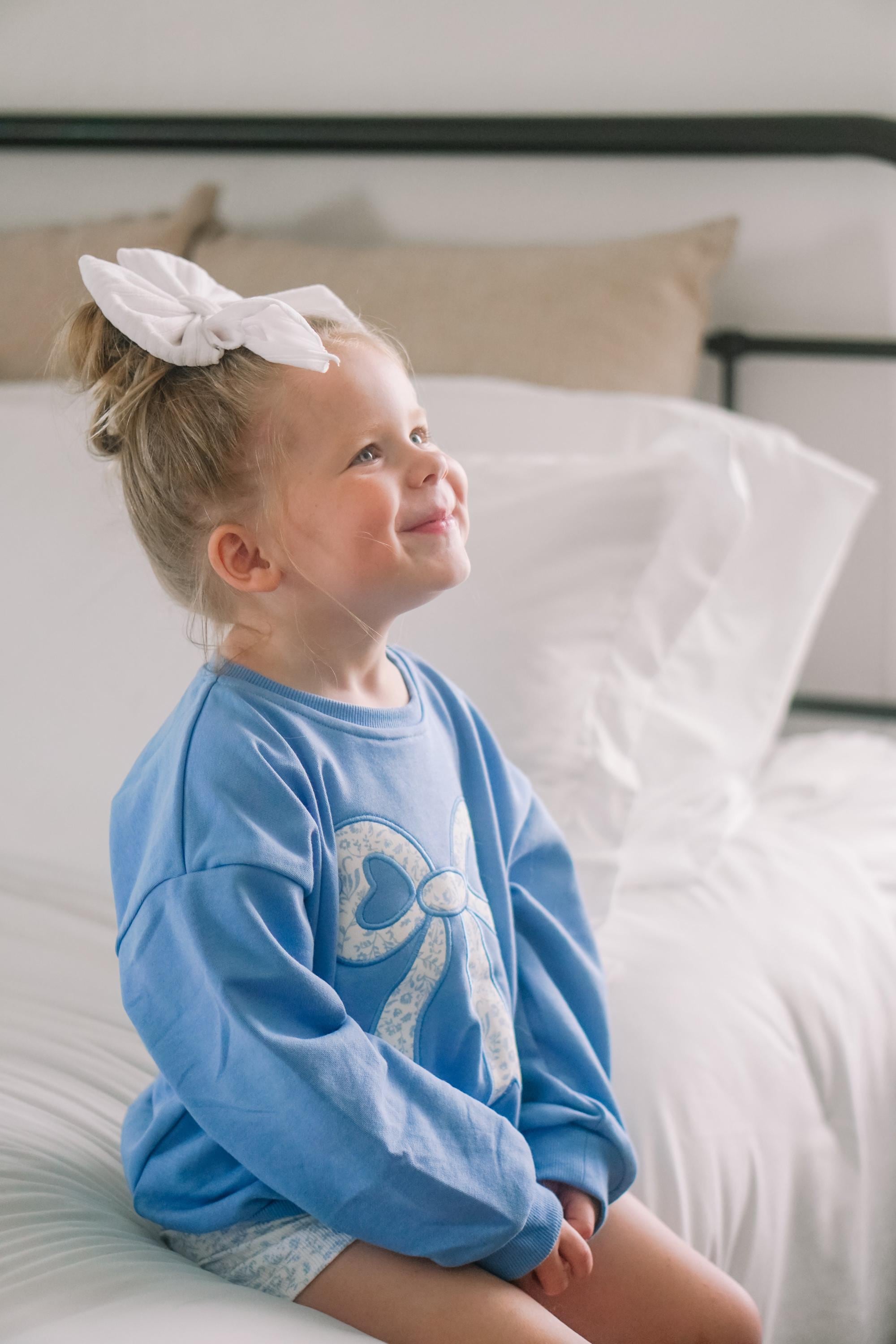 Blue Toile Applique Bow: Baby Sweatshirt Romper or Crewneck