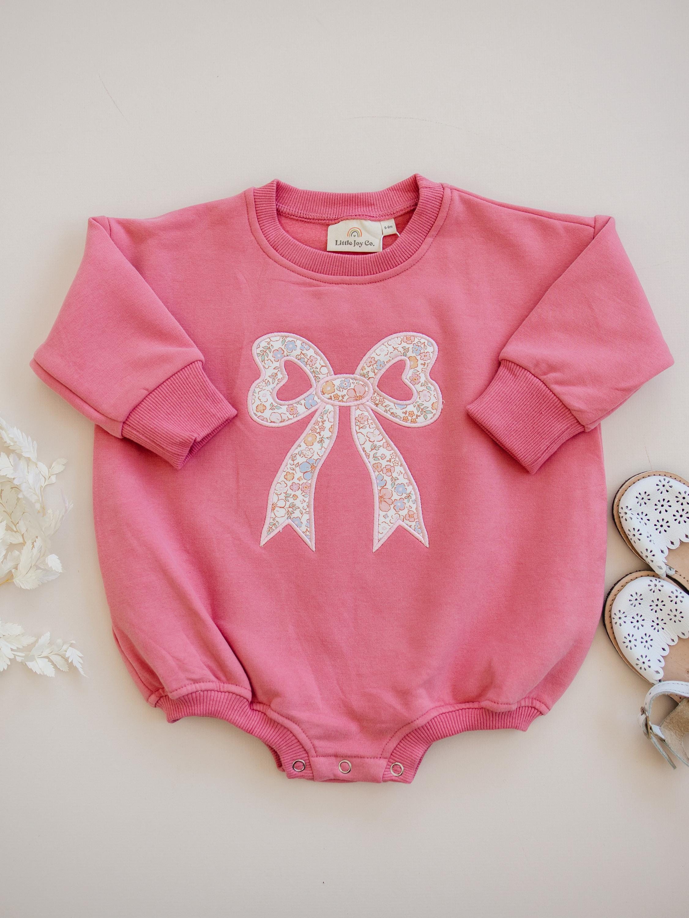 Pink Baby Romper: Floral Bow Applique Sweatshirt Outfit