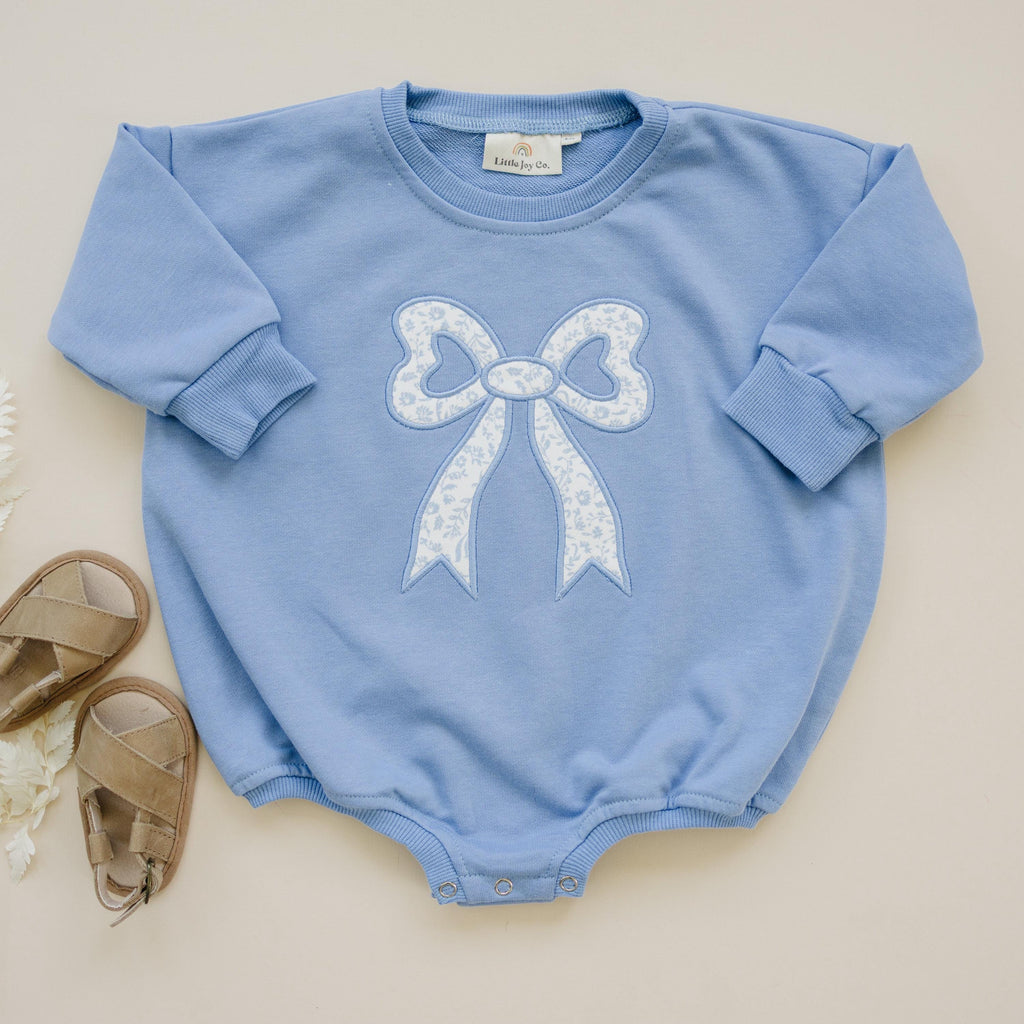 Blue Toile Applique Bow: Baby Sweatshirt Romper or Crewneck
