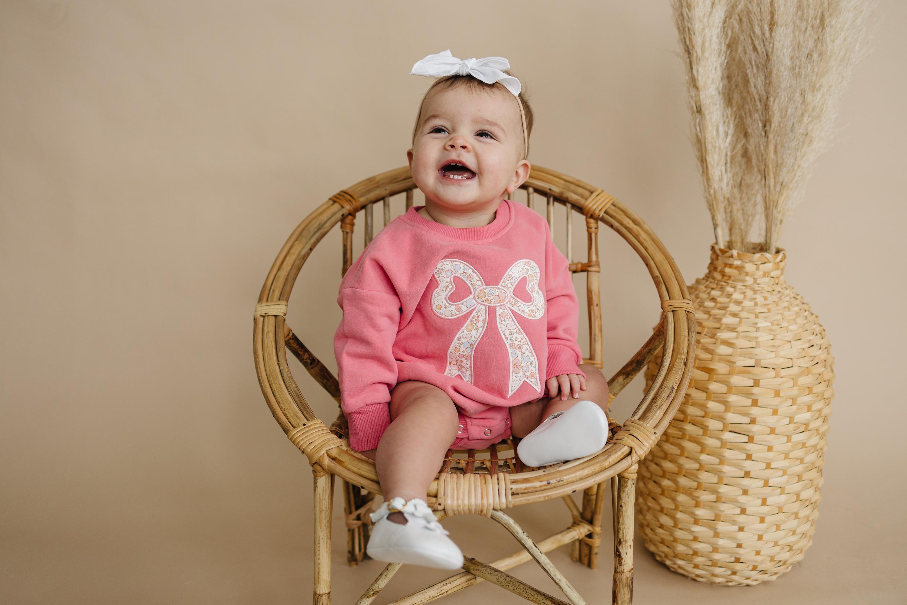 Pink Baby Romper: Floral Bow Applique Sweatshirt Outfit