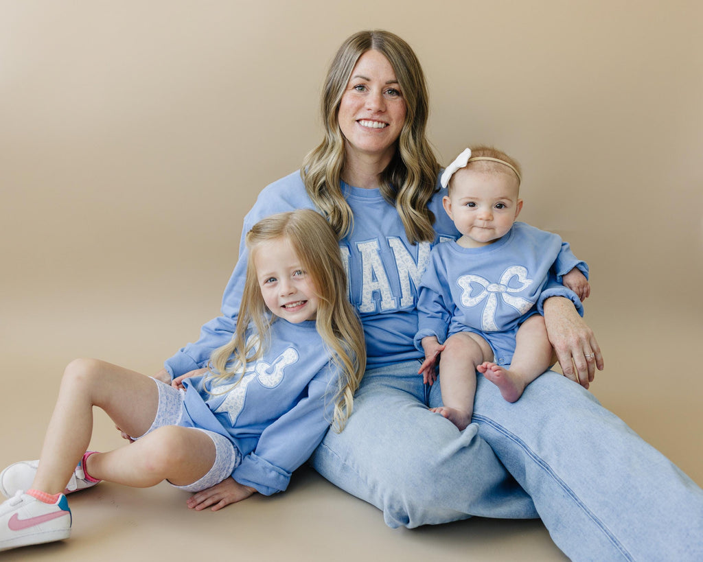 Blue Toile Applique Bow: Baby Sweatshirt Romper or Crewneck