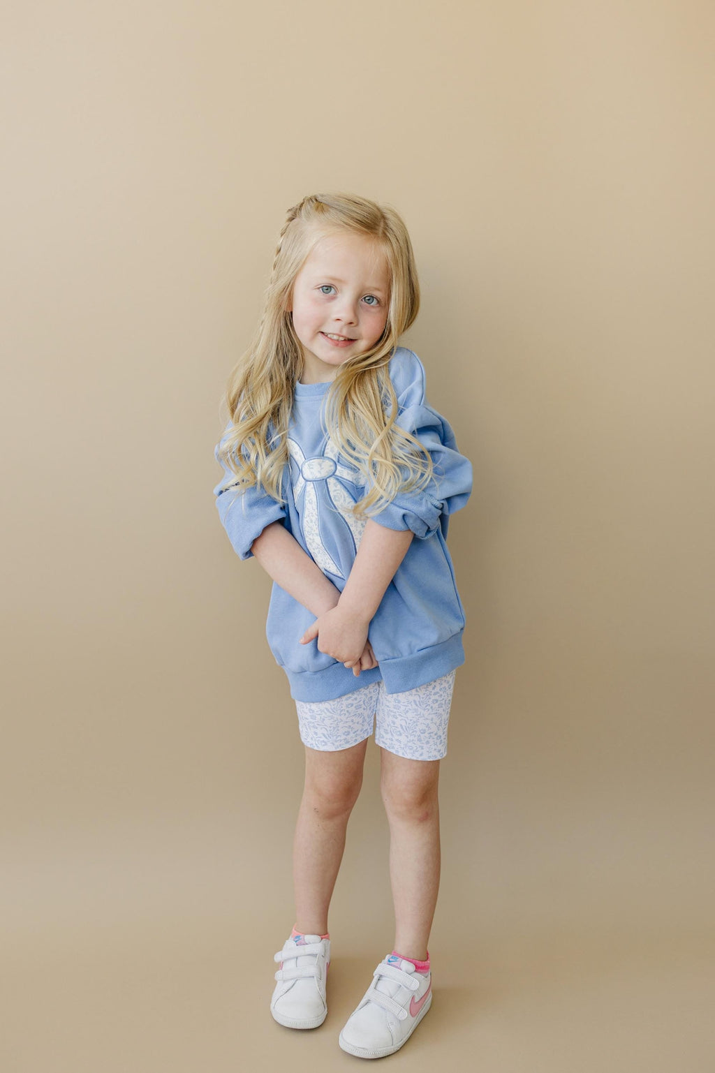 Blue Toile Applique Bow: Baby Sweatshirt Romper or Crewneck