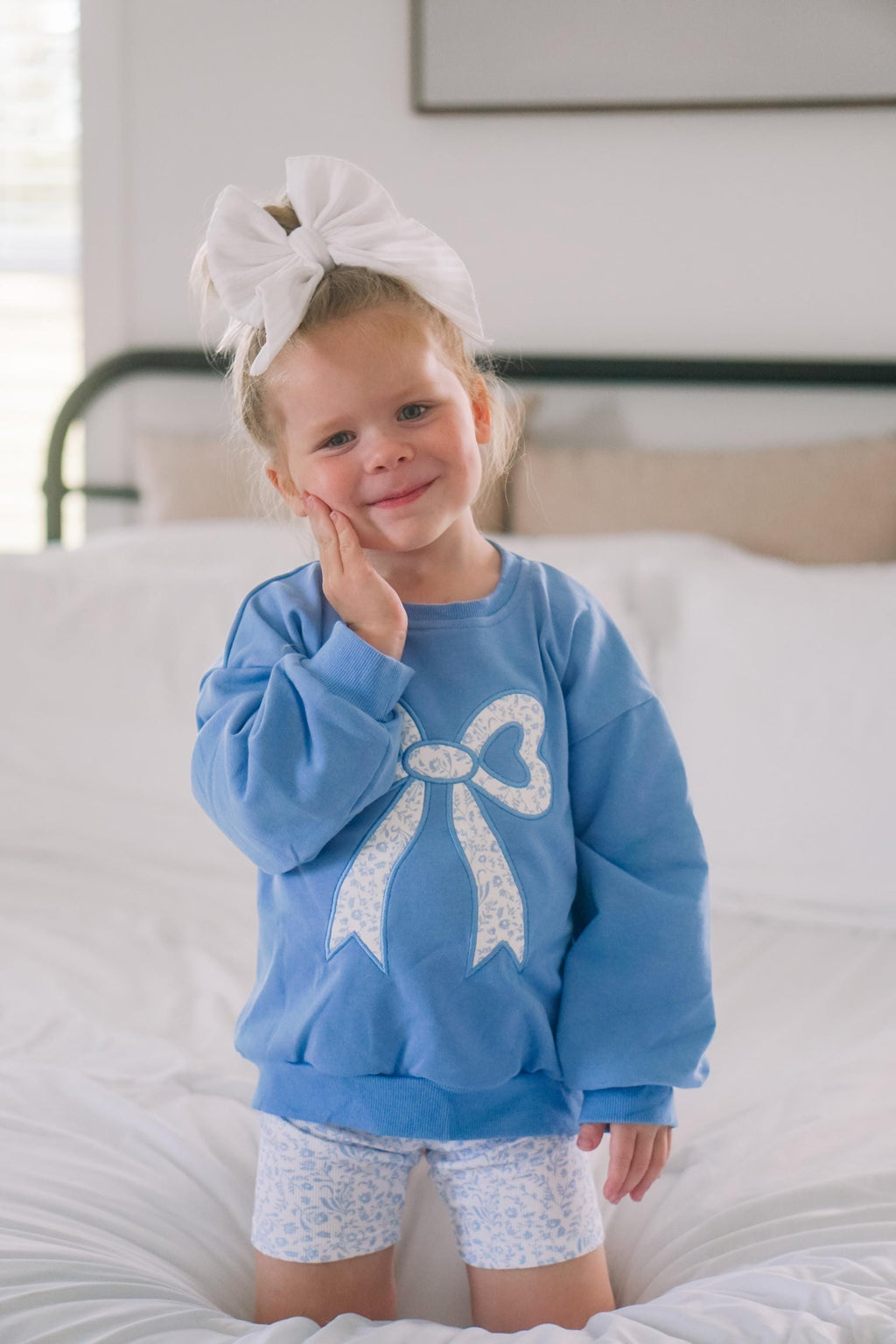 Blue Toile Applique Bow: Baby Sweatshirt Romper or Crewneck