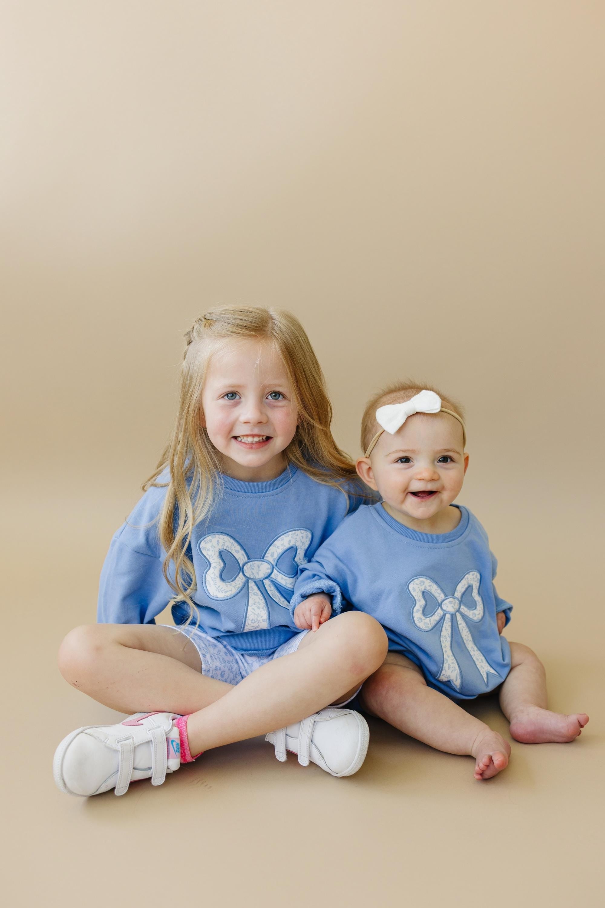Blue Toile Applique Bow: Baby Sweatshirt Romper or Crewneck