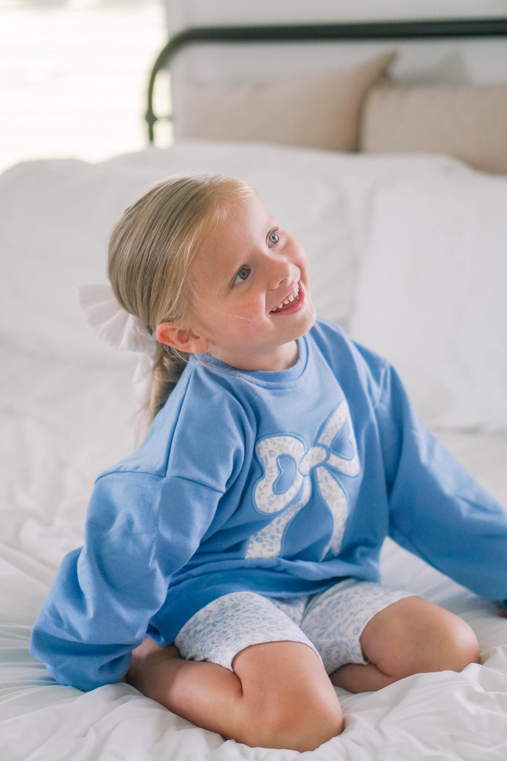 Blue Toile Applique Bow: Baby Sweatshirt Romper or Crewneck