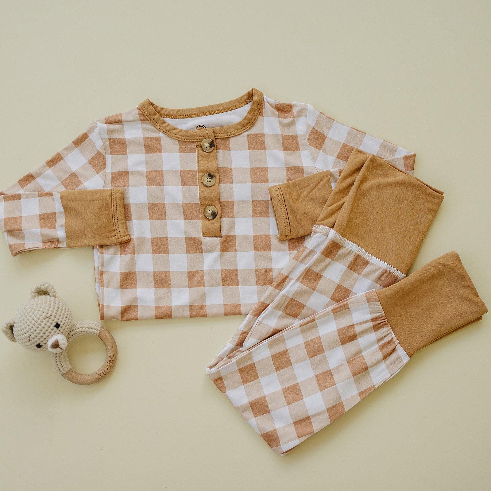 Golden Gingham 2pc Henley Bamboo Pajamas - Fall & Halloween Soft Baby PJs