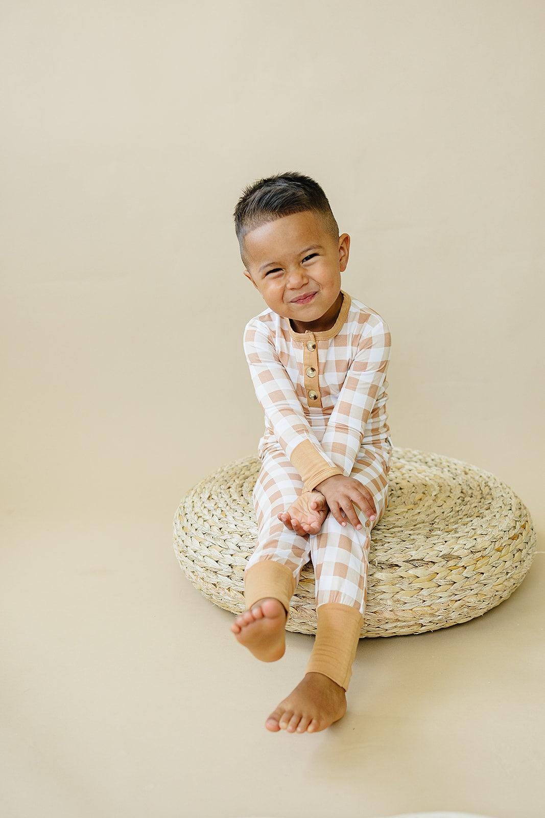 Golden Gingham 2pc Henley Bamboo Pajamas - Fall & Halloween Soft Baby PJs