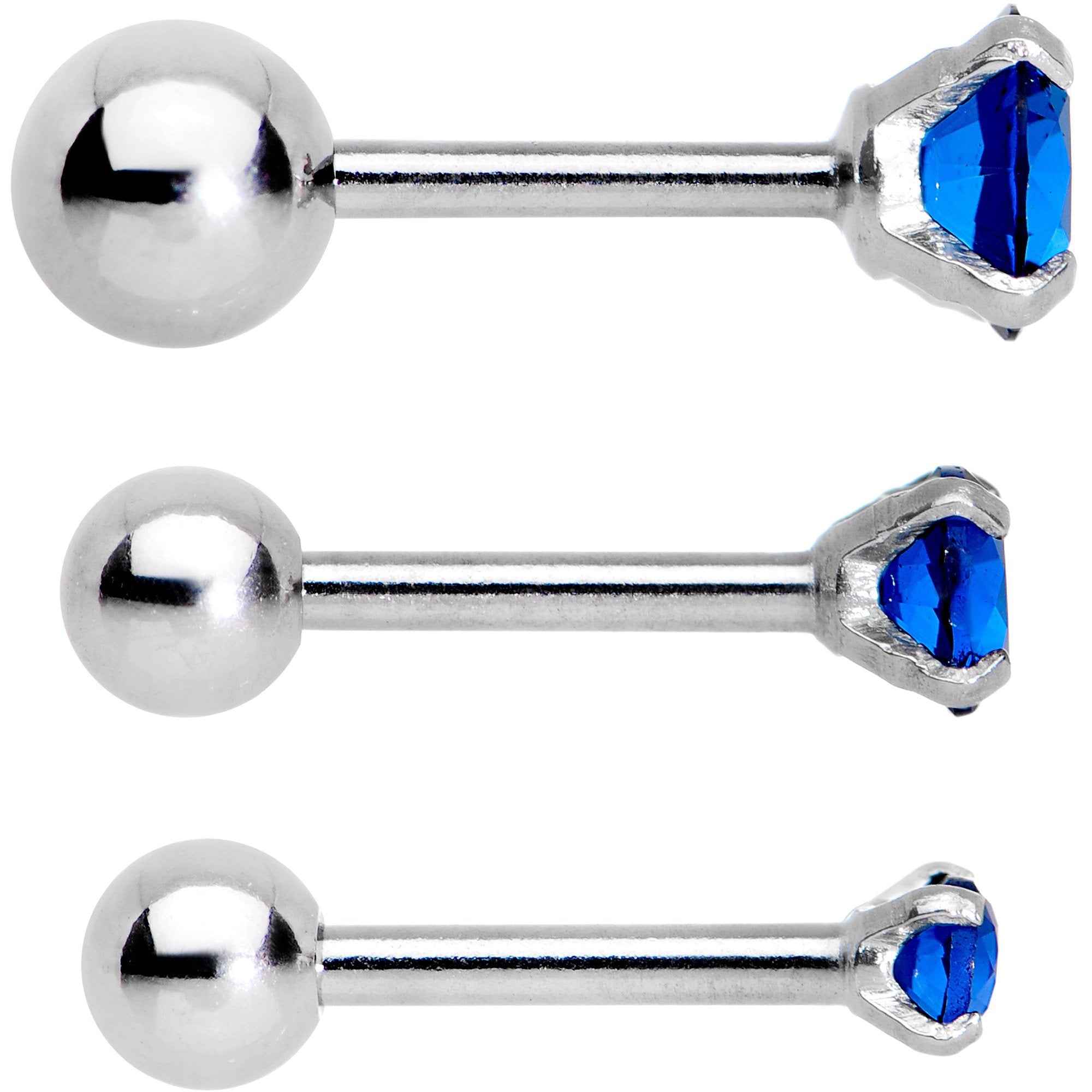 18G 1/4 Blue CZ Gem Tragus Cartilage Earring 3 Pack Set