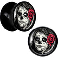 Black Acrylic Katrina Sugar Skull with Rose Flower Saddle Plug Set 00G
