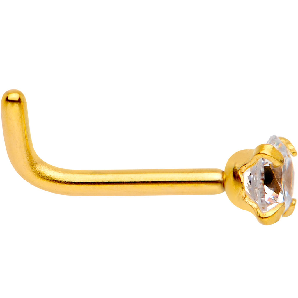 18G 1/4 Clear 3mm CZ Gem Gold IP L-Shape Nose Ring