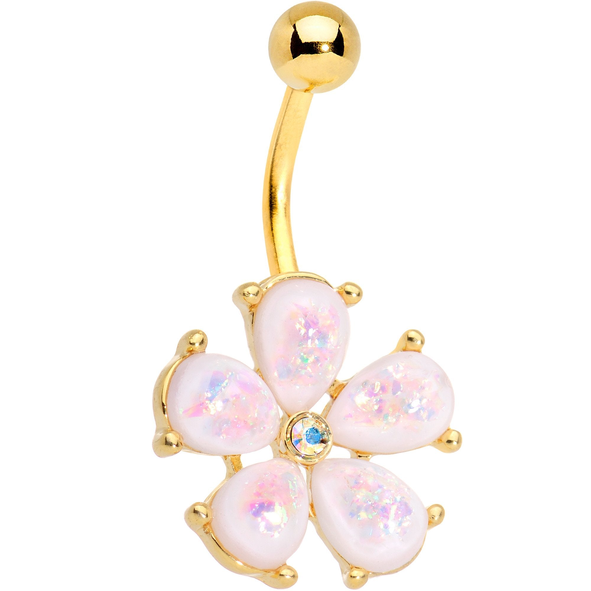 White Faux Opal Gold IP Five Petal Flower Belly Ring