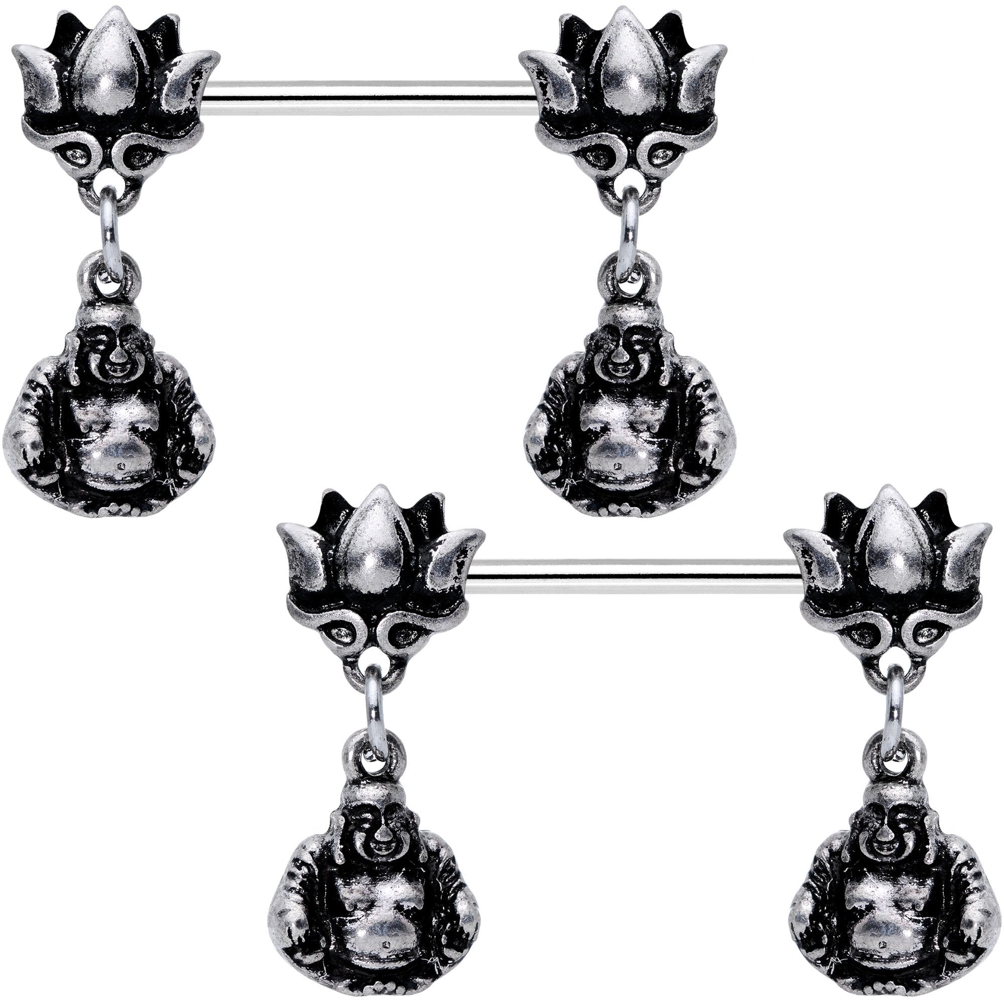 Inner Strength Buddha and Lotus Flower Barbell Dangle Nipple Ring Set