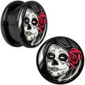 Katrina Sugar Skull with Rose Flower Black Anodized Screw Fit Plug Set 18mm