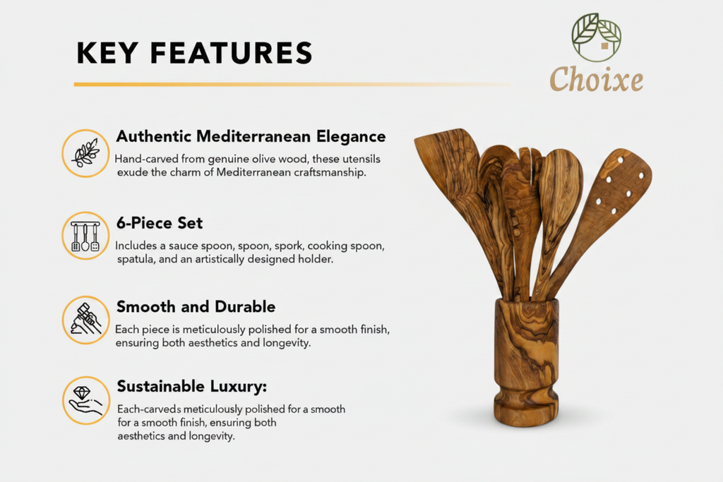 Olive Wood Kitchen Servers Set w/Holder -6 Pcs