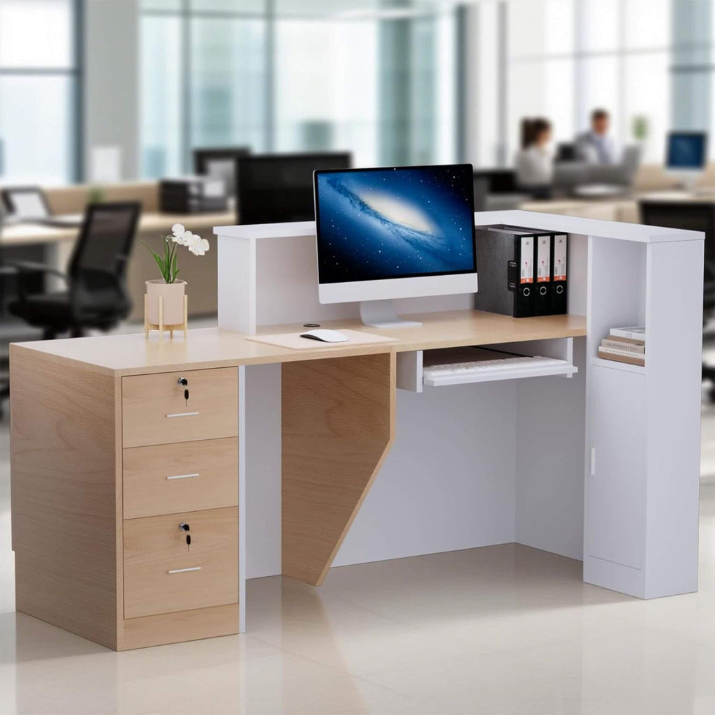 Velmor L-Shaped Modern Brown And White Reception Desk With Lockable Drawers (SAK26491)