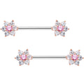 9/16 Pink CZ Gem Shimmering Flower Petal Barbell Nipple Ring Set