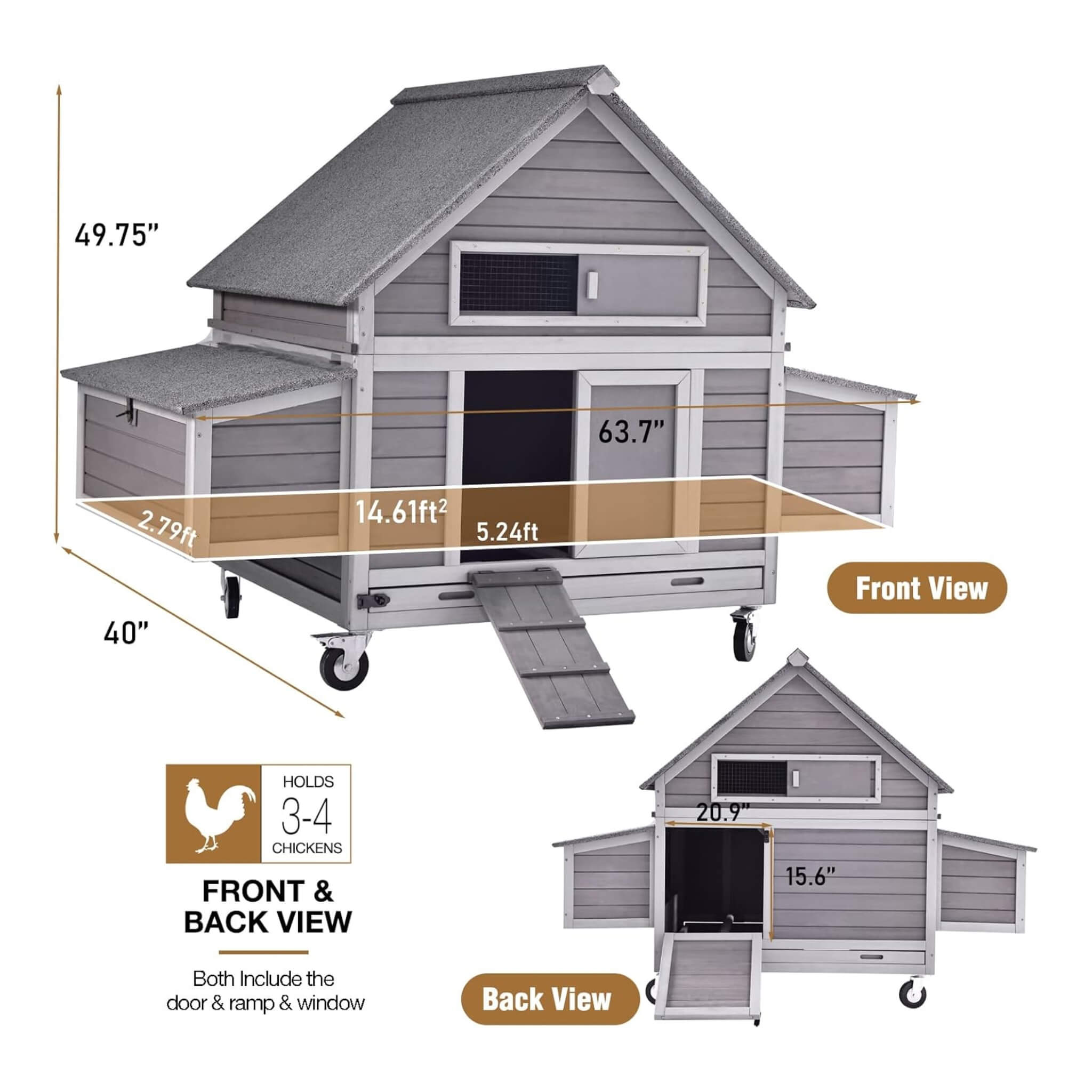 Large 63-Inch Movable Wooden Hen House With Wheels And Nesting Box (SAK50791)