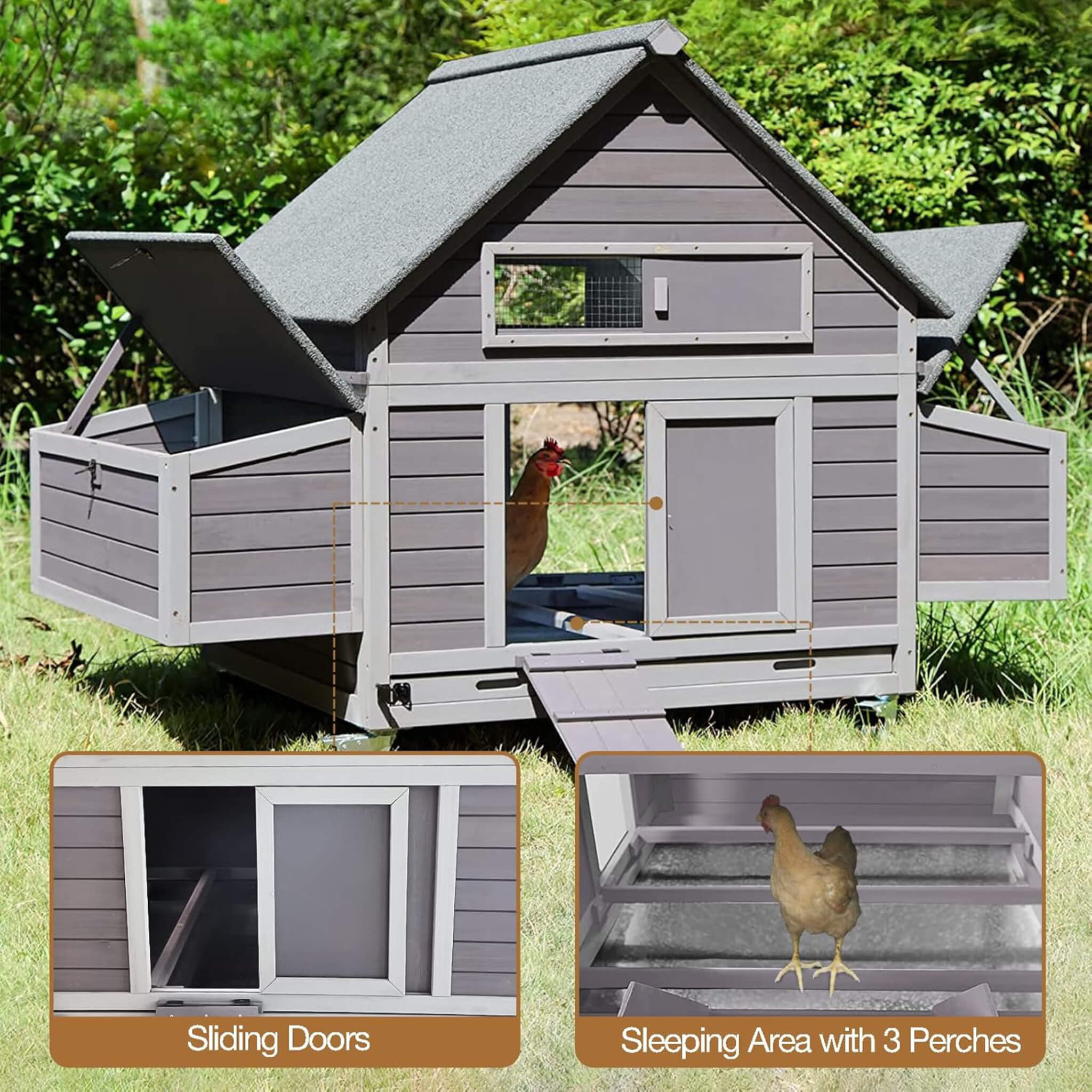 Large 63-Inch Movable Wooden Hen House With Wheels And Nesting Box (SAK50791)