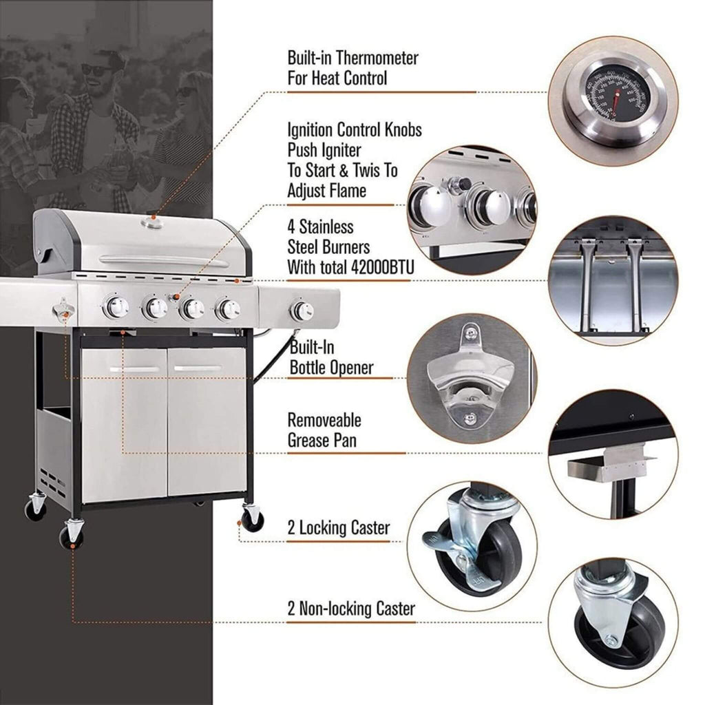 Large Outdoor 42K BTU BBQ Stainless Steel Propane Gas Grill With 4 Burners (SAK61283)