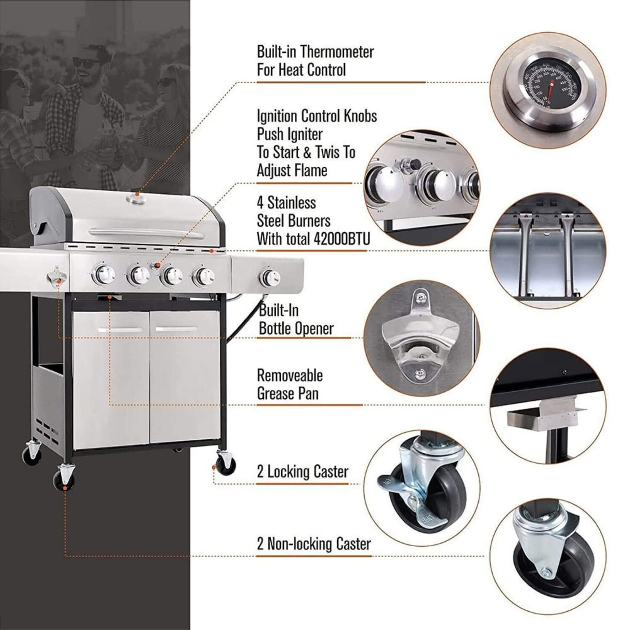 Large Outdoor 42K BTU BBQ Stainless Steel Propane Gas Grill With 4 Burners (SAK61283)