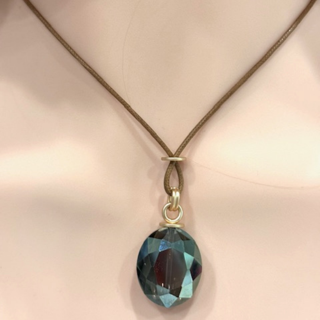 Large Olive Oval Crystal on Natural Linen Necklace