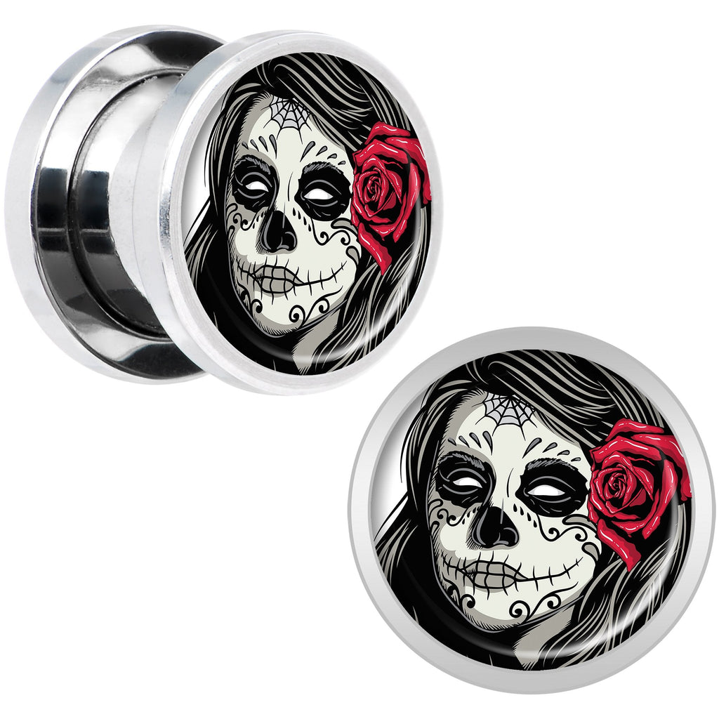 Katrina Sugar Skull with Rose Flower Steel Screw Fit Plug Set 00G