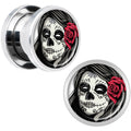 Katrina Sugar Skull with Rose Flower Steel Screw Fit Plug Set 00G
