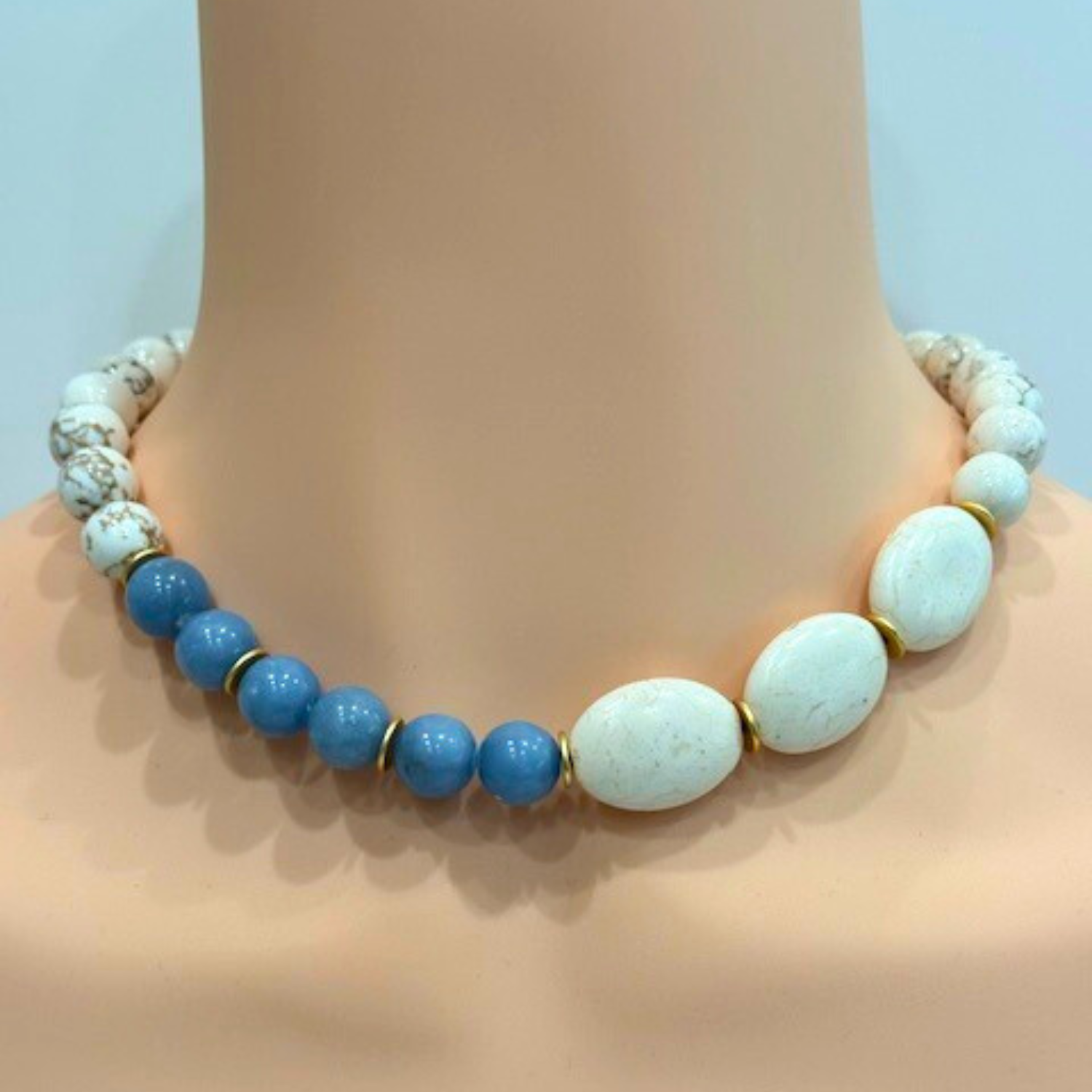 Blue Angelite Necklace with Three Large White Magnesite Accent Stones