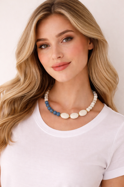 Blue Angelite Necklace with Three Large White Magnesite Accent Stones