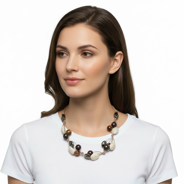 White Magnesite, Mookaite and Mocha Velvet Crystal Woven Necklace