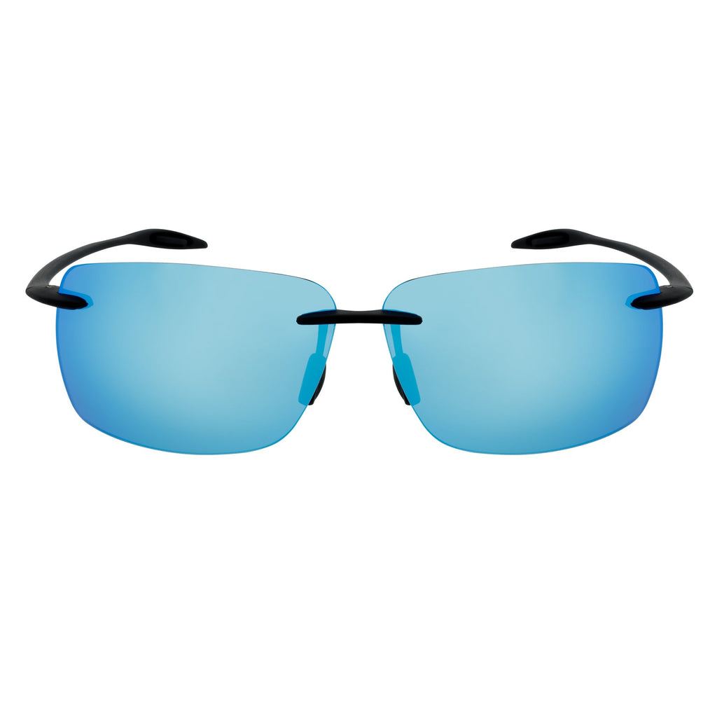 MAUI - Rimless TR90 Thin Sports Wrap Sunglasses Black Blue Mirror Polarized