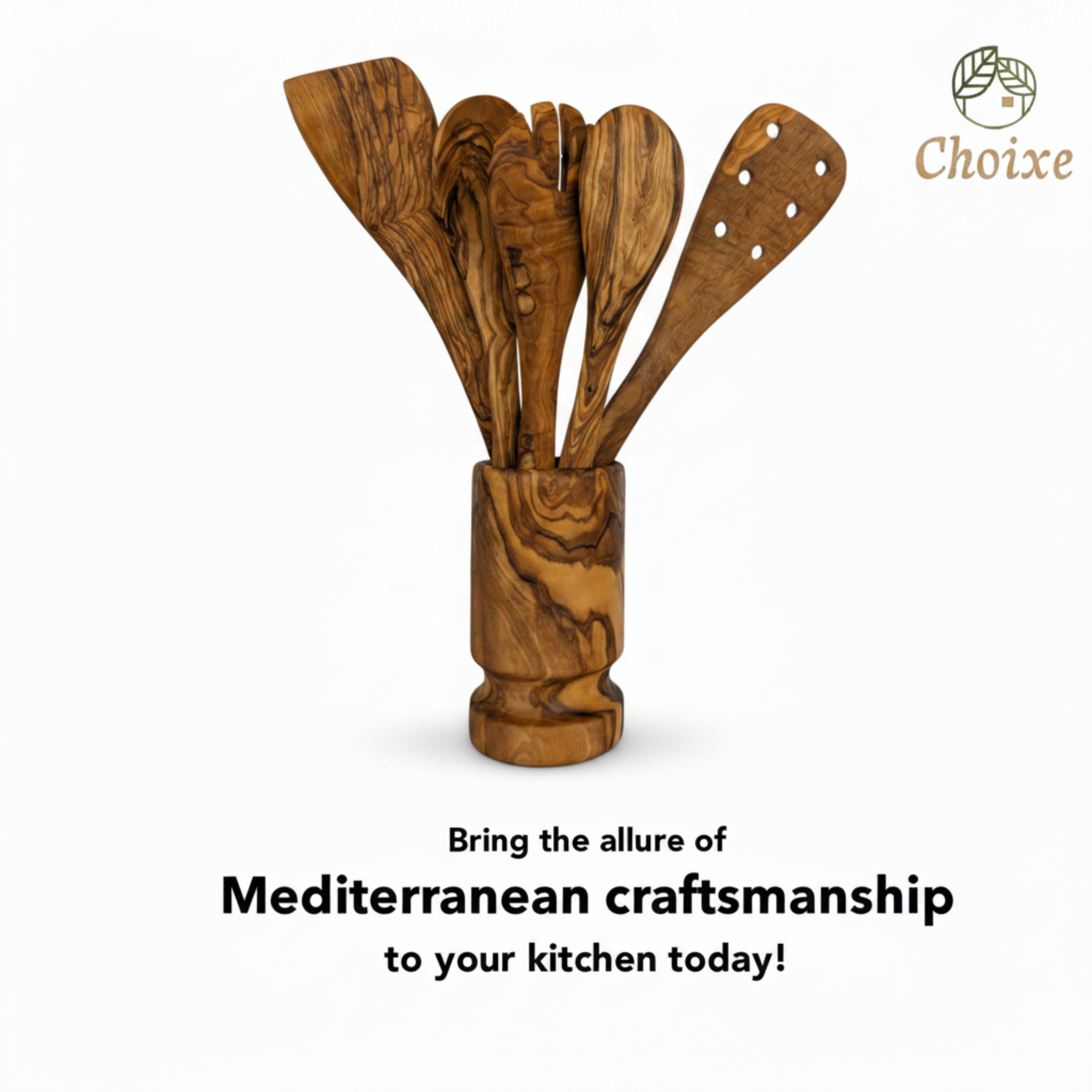 Olive Wood Kitchen Servers Set w/Holder -6 Pcs