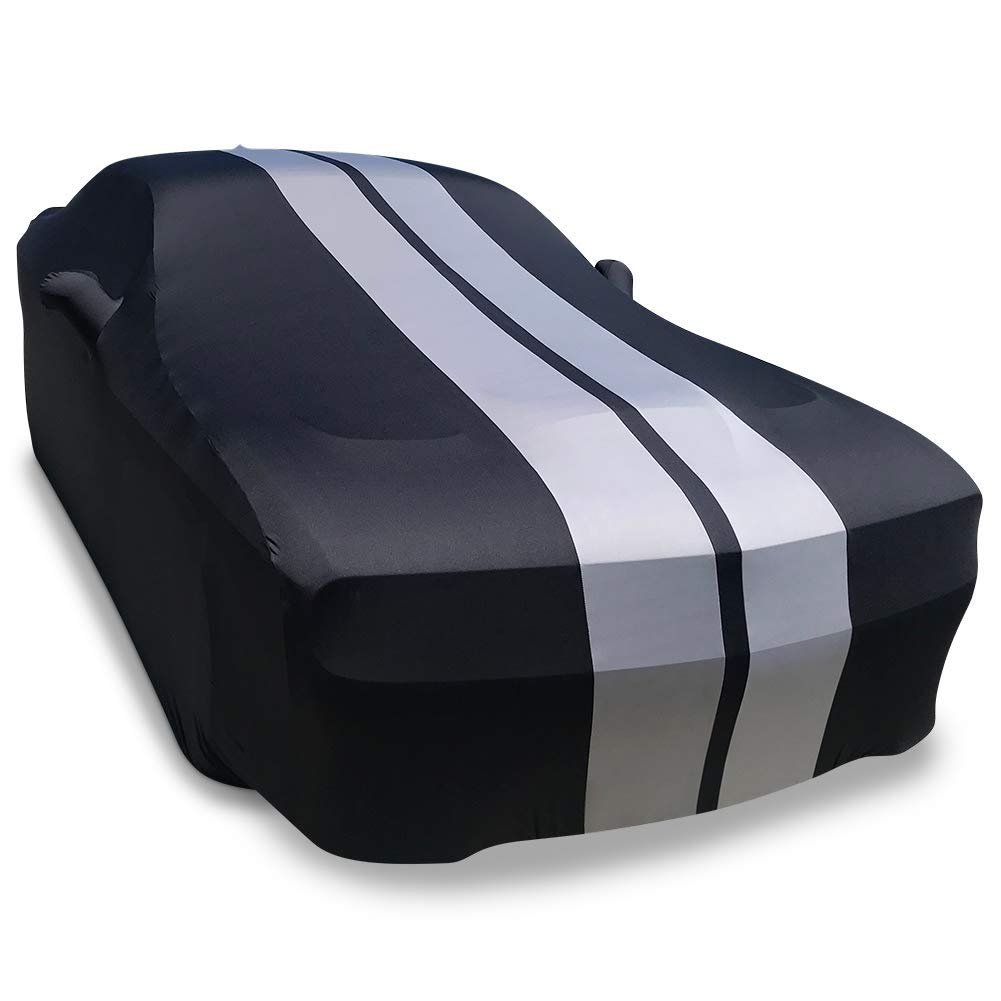 2008-2023 Dodge Challenger Ultraguard Stretch Satin Indoor Car Cover : Sport Series - Black with Gray Stripes