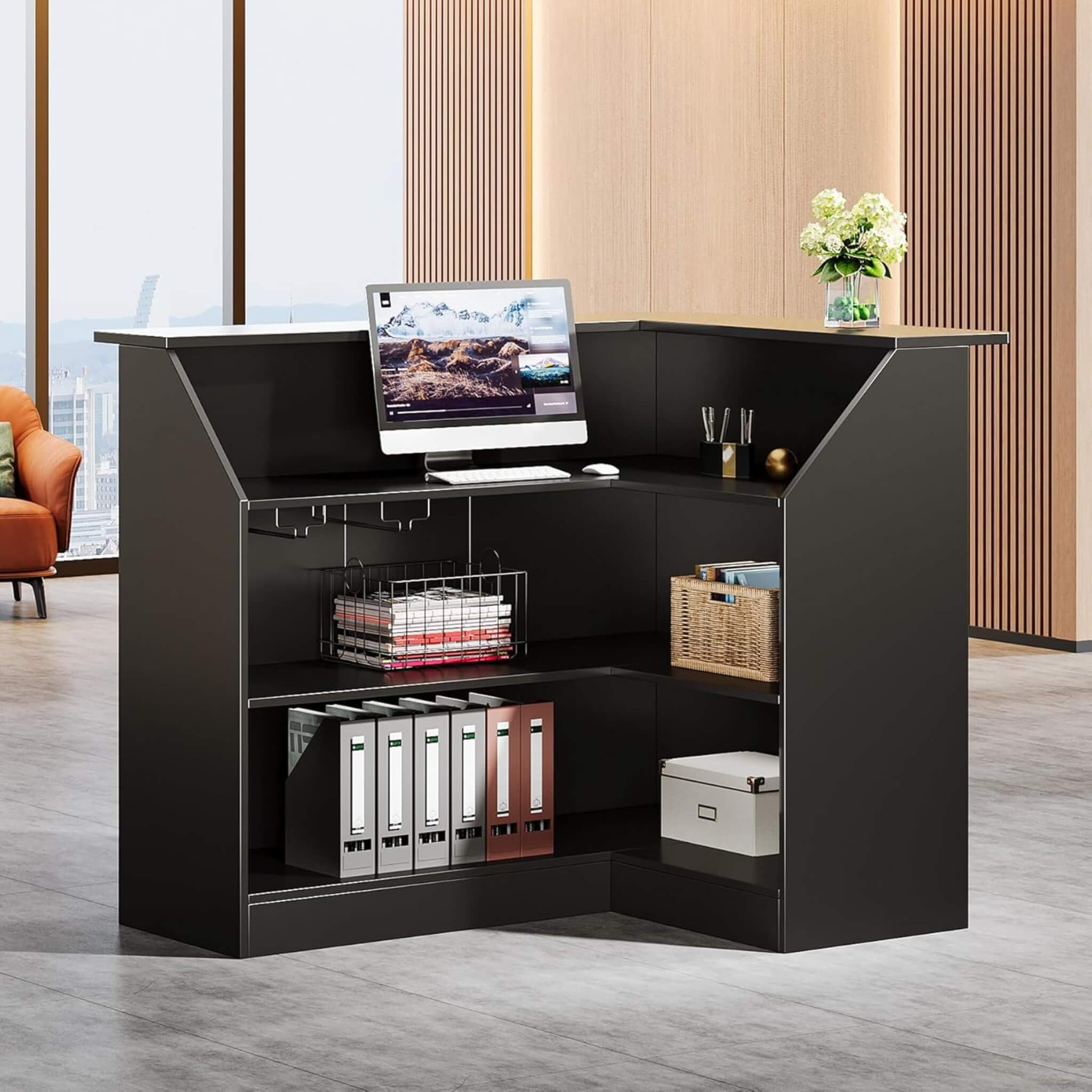 Velmor Modern L-Shaped Reception Desk With Storage Shelves (SAK81036)