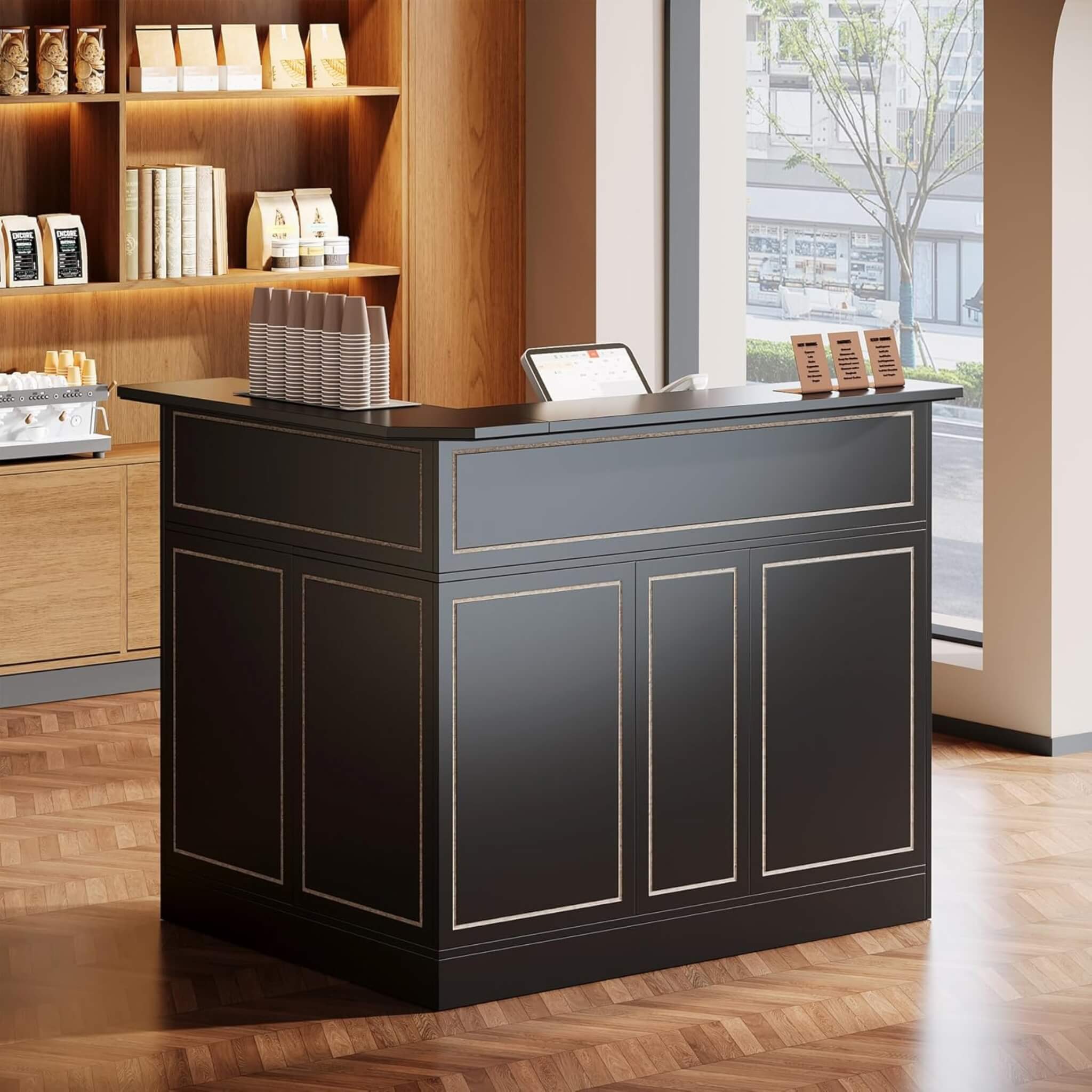 Velmor Modern L-Shaped Reception Desk With Storage Shelves (SAK81036)