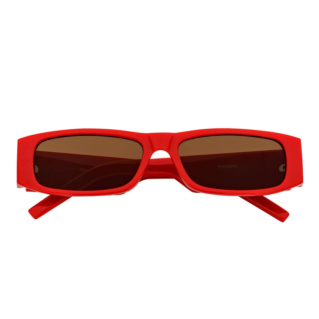 MONTERREY - Thick Frame 90s Style Small Rectangle Sunglasses Red Brown Lens