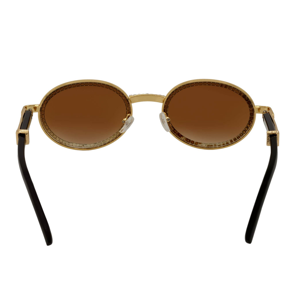 BLING ONE - Rhinestone Retro 90s Round Metal Oval Sunglasses Gold Amber