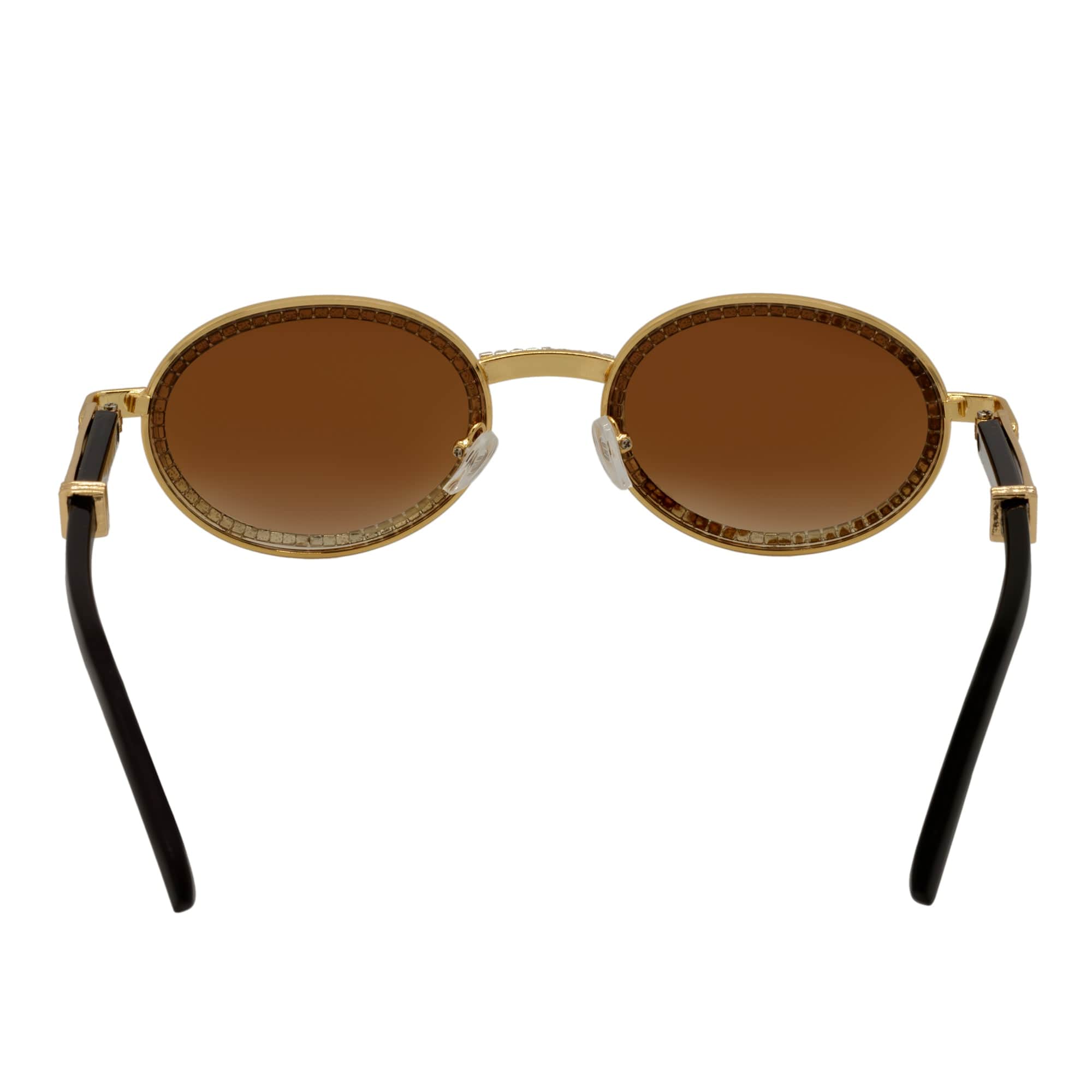 BLING ONE - Rhinestone Retro 90s Round Metal Oval Sunglasses Gold Amber