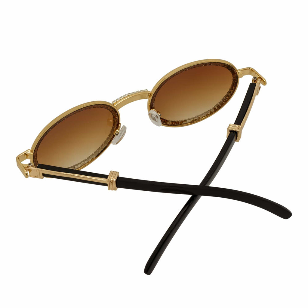 BLING ONE - Rhinestone Retro 90s Round Metal Oval Sunglasses Gold Amber