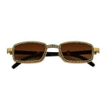 BLING TWO - Rhinestone Retro 90s Metal Rectangle Sunglasses Gold Amber