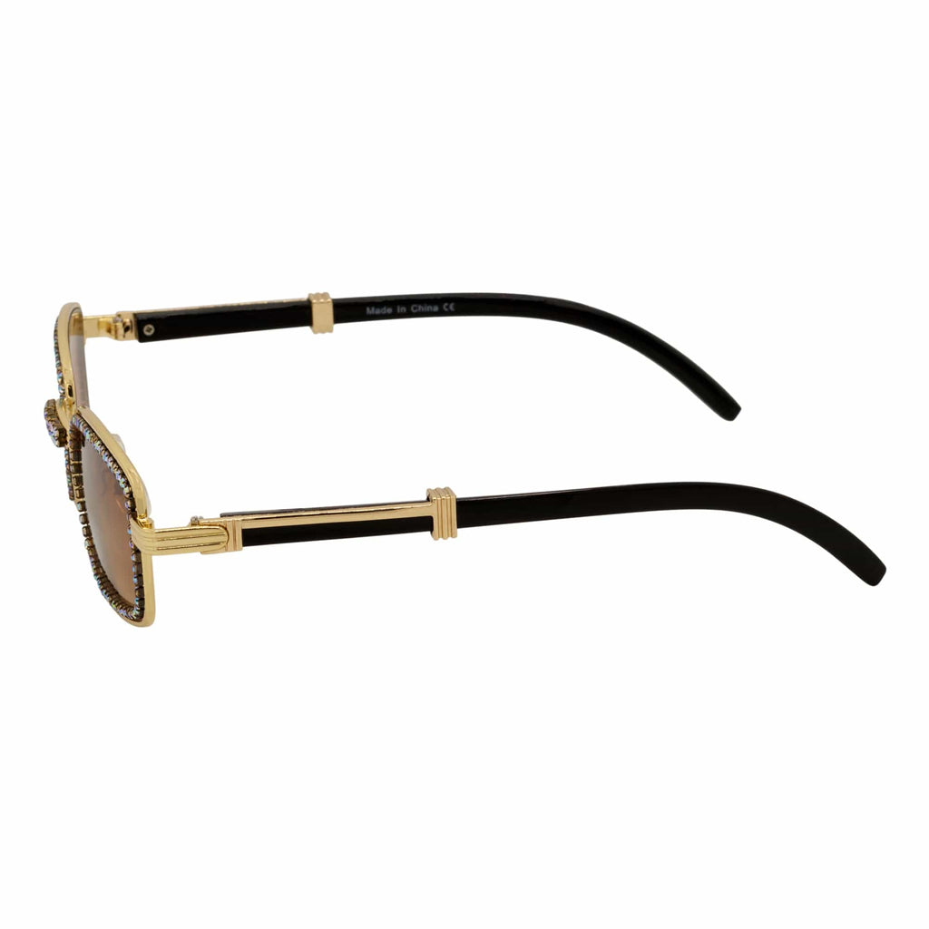 BLING TWO - Rhinestone Retro 90s Metal Rectangle Sunglasses Gold Amber