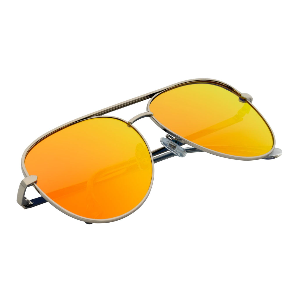 KEY - Oversize Large Flat Lens Metal Aviator Sunglasses Silver Orange Mirror